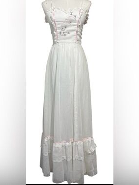 70s Vintage Maxi Slip Dress Embroidered Lace Ruffle Trim Cottage Prairie Size 7